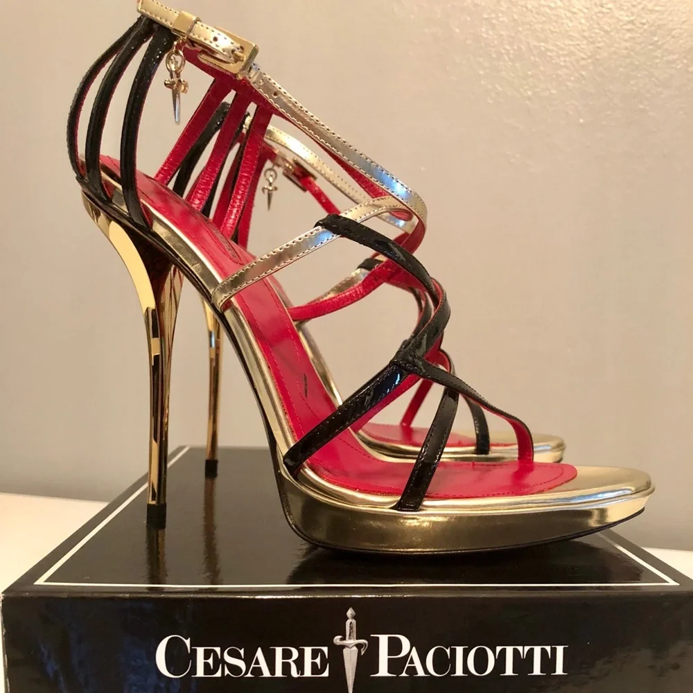 Cesare Paciotti Black and Gold Strappy Sandals - Picture 2 of 8